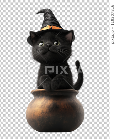 A mischievous black kitten, wearing a pointed witch's hat, peeks out from a cauldron, isolated on a transparent background. A mischievous black kitten, wearing a pointed witch's hat, peeks out from a cauldron, isolated on a transparent background. 119207816