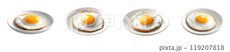 Four perfectly cooked fried eggs, each with a golden-brown crust and a runny yolk, are arranged on white plates, isolated on a transparent background. 119207818