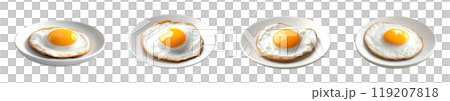 Four perfectly cooked fried eggs, each with a golden-brown crust and a runny yolk, are arranged on white plates, isolated on a transparent background. 119207818