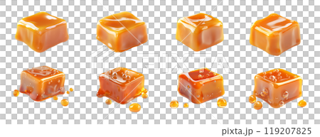 A collection of caramel candies, in various stages of melting and dripping, showcases their gooey texture and rich amber color. A collection of caramel candies, in various stages of melting and dripping, showcases their gooey texture and rich amber color. 119207825