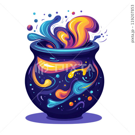 A bubbling cauldron, filled with swirling, vibrant colors and cosmic elements, casts a magical spell. 119207853