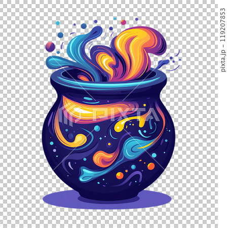 A bubbling cauldron, filled with swirling, vibrant colors and cosmic elements, casts a magical spell. 119207853