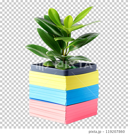 A small, green plant with vibrant leaves grows in a colorful, stacked planter made of cardboard or paper, isolated on a transparent background. A small, green plant with vibrant leaves grows in a colorful, stacked planter made of cardboard or paper, isolated on a transparent background. 119207860