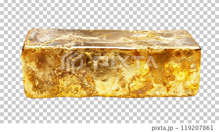 A gleaming gold ingot, with a rough, textured surface and a slightly irregular shape, is isolated on a transparent background. 119207861