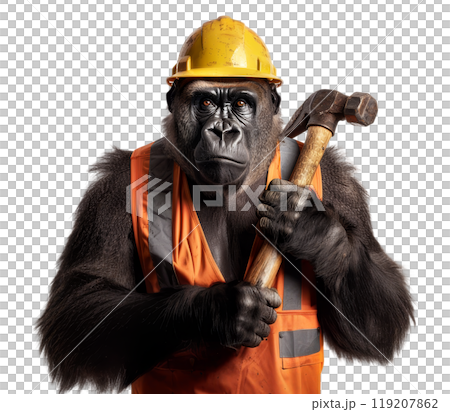 A gorilla, wearing a construction helmet and orange vest, wields a hammer, isolated on a transparent background. A gorilla, wearing a construction helmet and orange vest, wields a hammer, isolated on a transparent background. 119207862