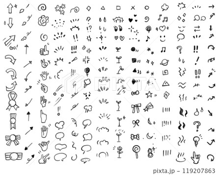 アイコンや気づきーあしらいに使える手描きの落書きシンプルでかわいいモノクロイラストセット　 119207863