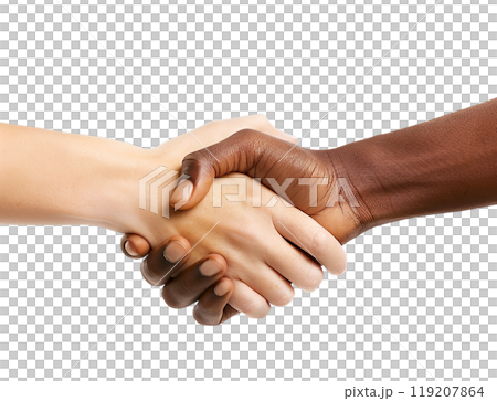 Two hands, one light-skinned and one dark-skinned, clasp in a firm handshake, symbolizing unity and cooperation. Two hands, one light-skinned and one dark-skinned, clasp in a firm handshake, symbolizing unity and cooperation. 119207864