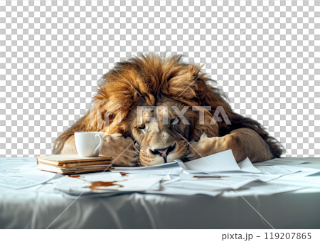 A majestic lion, with a weary expression, rests its head on a pile of paperwork and a coffee cup, overwhelmed by its workload. 119207865