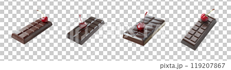 Four chocolate bars, each topped with a bright red cherry, are arranged in a row, isolated on a transparent background. 119207867