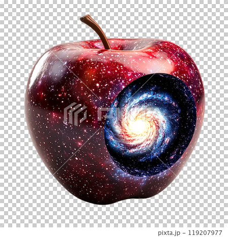 A red apple with a swirling galaxy embedded in its core, symbolizing the vast universe within. 119207977