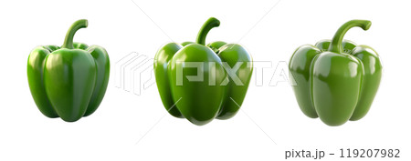 Three vibrant green bell peppers, each with a slightly different angle and perspective, are arranged in a row, isolated on a transparent background. 119207982