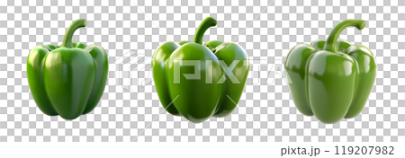 Three vibrant green bell peppers, each with a slightly different angle and perspective, are arranged in a row, isolated on a transparent background. 119207982