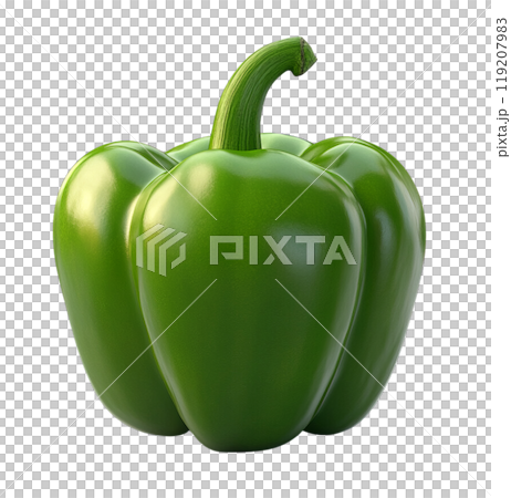 A vibrant green bell pepper, with a smooth, glossy skin and a prominent stem, is showcased on a transparent background. 119207983