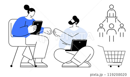 Two people using digital devices fist bump suggesting teamwork and collaboration. Organizational chart and shopping cart icon reinforce business themes. Ideal for teamwork, technology, business 119208020