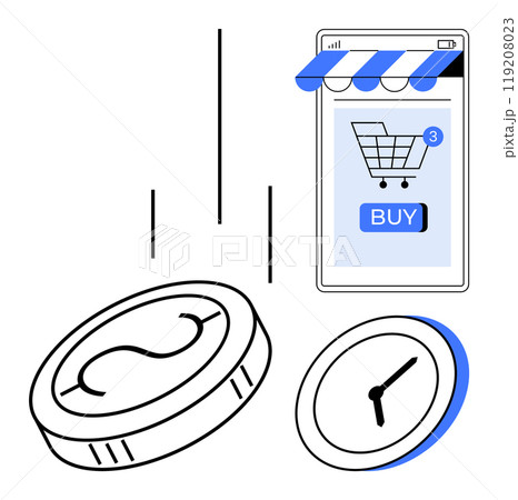 Smartphone screen showing buy button and shopping cart notification. Coin and clock symbolizing digital transactions and time management. Ideal for ecommerce, finance, time management, fintech 119208023