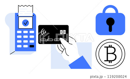 Hand holding a contactless card near a payment terminal, with a receipt, a Bitcoin symbol, and a security lock. Ideal for online banking, e-commerce, digital wallets, secure transactions 119208024