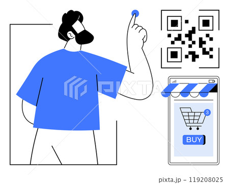 A person in blue taps a blue button with icons of a shopping cart and a QR code around, indicating online purchases. Ideal for e-commerce, digital payment, online store, QR code technology, app 119208025