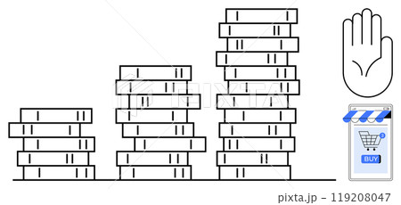 Stacked coin charts of varying heights represent financial growth. A stop hand sign and an online shopping button indicate e-commerce themes. Ideal for finance, economy, investment, savings Stacked coin charts of varying heights represent financial growth. A stop hand sign and an online shopping button indicate e-commerce themes. Ideal for finance, economy, investment, savings 119208047