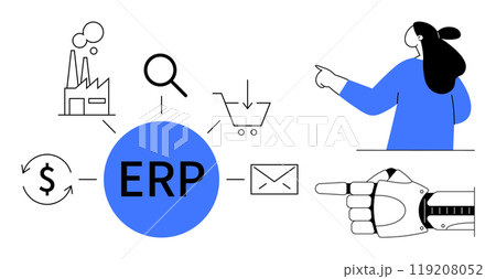 Diagram with ERP in center, symbols for dollar, magnifying glass, shopping cart, factory, envelope, with a businesswoman and robotic hand pointing. Ideal for business, ERP, automation, email Diagram with ERP in center, symbols for dollar, magnifying glass, shopping cart, factory, envelope, with a businesswoman and robotic hand pointing. Ideal for business, ERP, automation, email 119208052
