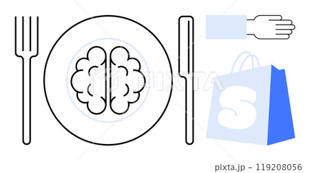 Brain on a plate with fork and knife, a raised hand gesture, and a shopping bag. Ideal for concepts related to mindful eating, mental health, consumerism, decision-making, and nutrition. Clean Brain on a plate with fork and knife, a raised hand gesture, and a shopping bag. Ideal for concepts related to mindful eating, mental health, consumerism, decision-making, and nutrition. Clean 119208056
