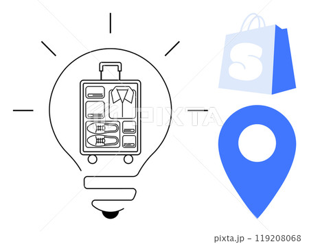 Organized luggage inside a light bulb, blue shopping bag and location marker symbolizing travel, shopping ideas, planning, and convenience. Ideal for travel planning, shopping, organization 119208068