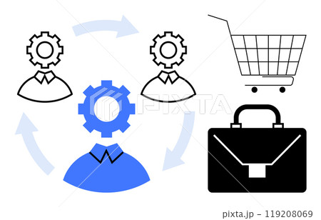 Diagram showing three human figures with gear heads in a circular workflow. Includes shopping cart and briefcase icons. Ideal for business, HR processes, team collaboration, commerce, and management Diagram showing three human figures with gear heads in a circular workflow. Includes shopping cart and briefcase icons. Ideal for business, HR processes, team collaboration, commerce, and management 119208069