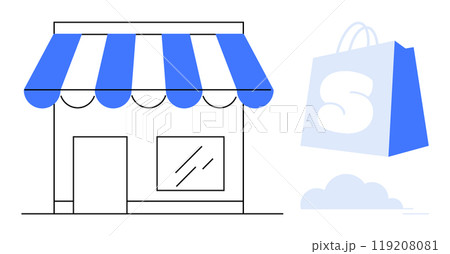 Simple line art of a small shop with a blue and white awning and a floating shopping bag. Ideal for e-commerce, retail stores, shopping apps, online business, small business branding. Minimalist Simple line art of a small shop with a blue and white awning and a floating shopping bag. Ideal for e-commerce, retail stores, shopping apps, online business, small business branding. Minimalist 119208081