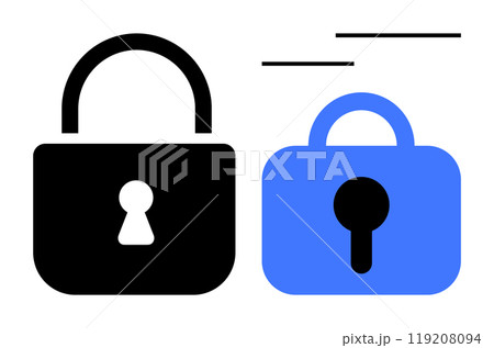 Two padlocks one black and one blue stand side by side symbolizing security. Ideal for concepts of protection data privacy safety internet security and encryption. Minimal vector style Two padlocks one black and one blue stand side by side symbolizing security. Ideal for concepts of protection data privacy safety internet security and encryption. Minimal vector style 119208094