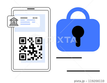 Shows a smartphone screen with a QR code and a bank icon. Next to it is a blue lock. Ideal for digital security, online banking, mobile payments, data protection, fintech. Modern and simplistic style Shows a smartphone screen with a QR code and a bank icon. Next to it is a blue lock. Ideal for digital security, online banking, mobile payments, data protection, fintech. Modern and simplistic style 119208110