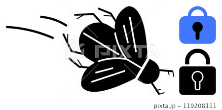 A simplified black fly with two locks, one blue and one black. Ideal for cyber security, hacking, privacy, data protection, and malware themes. Silhouette style, minimalistic, high contrast A simplified black fly with two locks, one blue and one black. Ideal for cyber security, hacking, privacy, data protection, and malware themes. Silhouette style, minimalistic, high contrast 119208111