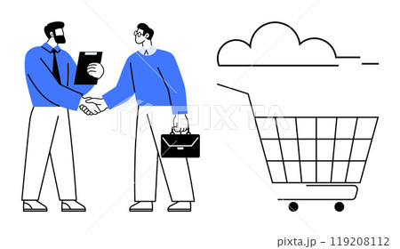 Two businessmen shaking hands highlight partnership and collaboration. The neighboring shopping cart represents online commerce and technology. Ideal for business, partnership, e-commerce Two businessmen shaking hands highlight partnership and collaboration. The neighboring shopping cart represents online commerce and technology. Ideal for business, partnership, e-commerce 119208112