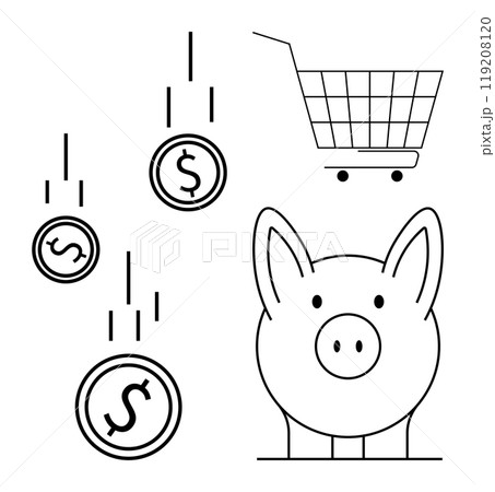 A piggy bank with coins falling into it and a shopping cart on the side. Ideal for themes like savings, personal finance, budgeting, investing, and money management. Simple line drawing style in 119208120