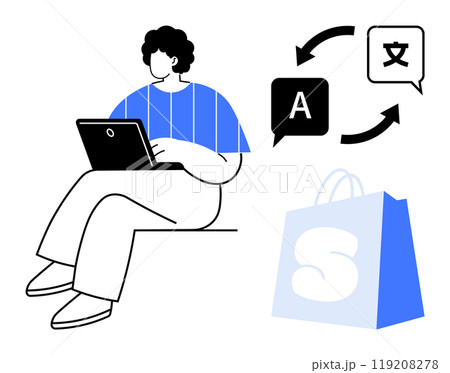 Person using laptop next to translation icons and shopping bag. Ideal for online shopping language translation ecommerce globalization technology seamless experience accessibility Person using laptop next to translation icons and shopping bag. Ideal for online shopping language translation ecommerce globalization technology seamless experience accessibility 119208278