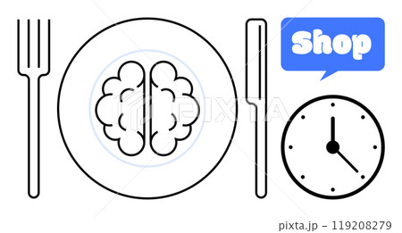 A brain is plated with a fork and knife beside it, a clock, and a speech bubble with the word Shop. Ideal for food, health, time management, shopping, and productivity. Minimalist, modern, conceptual 119208279