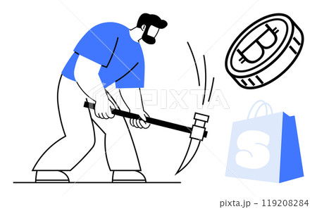 A person wearing a blue shirt digs with a pickaxe. Above, a Bitcoin coin and a shopping bag with a white S on blue are shown. Ideal for cryptocurrency, e-commerce, finance, digital market, and online A person wearing a blue shirt digs with a pickaxe. Above, a Bitcoin coin and a shopping bag with a white S on blue are shown. Ideal for cryptocurrency, e-commerce, finance, digital market, and online 119208284