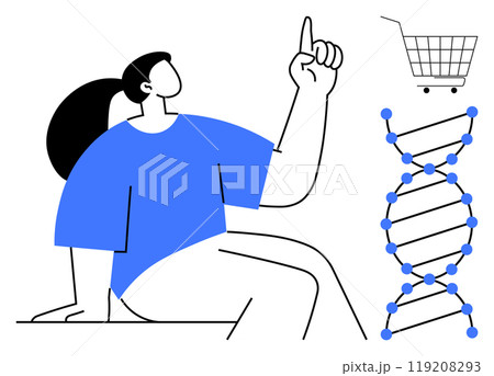 A person points upward beside a DNA double helix and a shopping cart. Ideal for science, research, e-commerce, biology education, and consumer behavior. Modern flat style with blue and black colours A person points upward beside a DNA double helix and a shopping cart. Ideal for science, research, e-commerce, biology education, and consumer behavior. Modern flat style with blue and black colours 119208293
