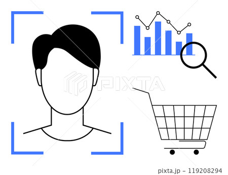 Silhouette of a person with data analysis elements like magnifying glass, bar graph, and shopping cart. Ideal for market research, e-commerce, data analytics, consumer behavior, and digital marketing Silhouette of a person with data analysis elements like magnifying glass, bar graph, and shopping cart. Ideal for market research, e-commerce, data analytics, consumer behavior, and digital marketing 119208294