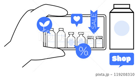 Hand holding smartphone displaying grocery items and sale icons. Includes symbols for discount, favorite, and eco-friendly product. Ideal for online shopping, e-commerce, grocery stores, digital 119208310