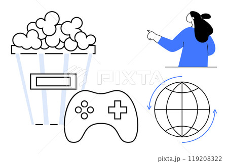 Popcorn, gaming controller, globe with arrows, and a person pointing to the right. Ideal for entertainment, gaming, global connections, and communication themes. Featuring a simple, modern design Popcorn, gaming controller, globe with arrows, and a person pointing to the right. Ideal for entertainment, gaming, global connections, and communication themes. Featuring a simple, modern design 119208322