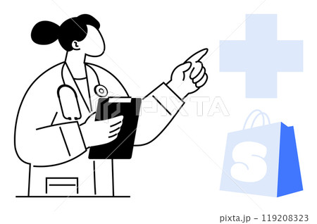 A medical professional holds a clipboard and points towards a medical cross and a shopping bag. Ideal for medical services, online pharmacy, healthcare guidance, telemedicine, and medical shopping A medical professional holds a clipboard and points towards a medical cross and a shopping bag. Ideal for medical services, online pharmacy, healthcare guidance, telemedicine, and medical shopping 119208323