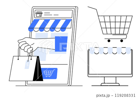 Two devices display online shopping platforms with a hand holding shopping bags. Ideal for themes of online shopping, e-commerce, digital marketing, technology advancement, mobile commerce Two devices display online shopping platforms with a hand holding shopping bags. Ideal for themes of online shopping, e-commerce, digital marketing, technology advancement, mobile commerce 119208331