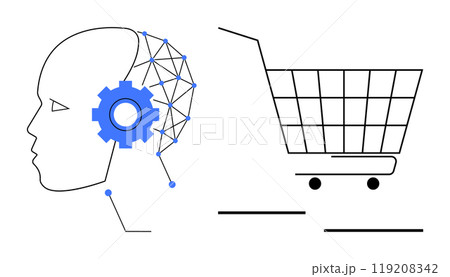 Human head with a blue gear and network connections next to a shopping cart. Ideal for Artificial Intelligence E-commerce Online Shopping Technology Innovation. Simplistic modern style 119208342