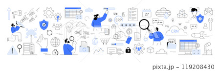 Cloud storage, saas cloud security. Ddos attack, cyber security, documents represent data management. Ideal for business processes, data analytics, ERP systems, CRM systems and project management 119208430