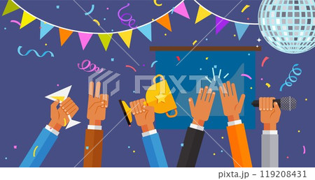 Human hands with various objects against backdrop of festive interior. People crowd rejoice, congratulate for success job. Happy colleagues celebrating success. Business team cheering and ovation Human hands with various objects against backdrop of festive interior. People crowd rejoice, congratulate for success job. Happy colleagues celebrating success. Business team cheering and ovation 119208431