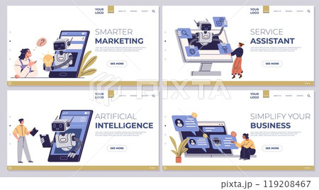 Four panels with robot illustrations highlighting AI in marketing, business, and customer service. Ideal for technology, automation, artificial intelligence, business solutions, and customer support 119208467