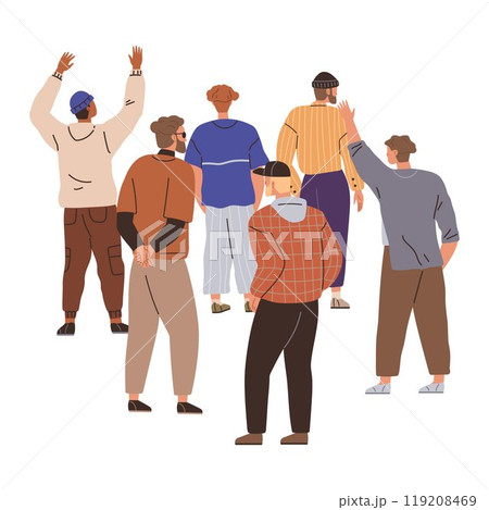 Seven individuals standing casually, shown from the back. Each person has a unique style, wearing different clothes and accessories. Ideal for youth culture, diversity, social interactions, modern 119208469