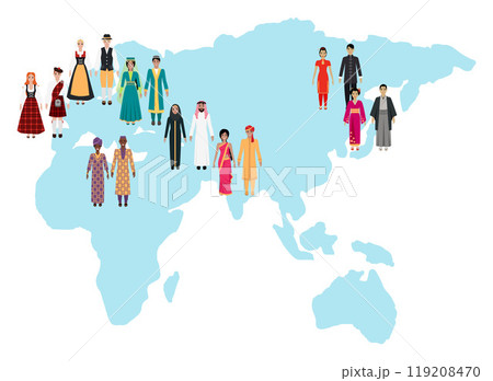 World map showing individuals in traditional clothing from different regions. For cultural diversity, global unity, multiculturalism, world heritage, tradition, inclusion, cultural representation. 119208470