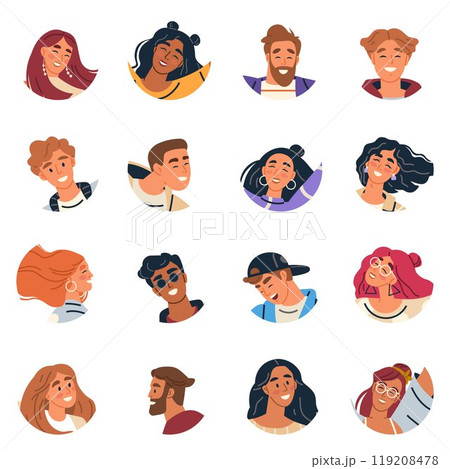 Various cartoon characters with different hairstyles and expressions against a white background Ideal for social media avatars website icons character design diversity representation and fashion Various cartoon characters with different hairstyles and expressions against a white background Ideal for social media avatars website icons character design diversity representation and fashion 119208478