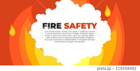 Fire safety text with placeholder text is surrounded by vibrant orange and yellow flames. Ideal for safety awareness, emergency response, educational materials, workplace safety, and public 119208482