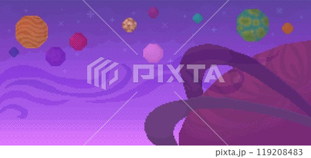 Collection of colorful planets floating in a purple sky with swirling patterns and large tentacles. Ideal for science fiction, fantasy, space exploration, gaming, and cosmic adventure themes. Simple Collection of colorful planets floating in a purple sky with swirling patterns and large tentacles. Ideal for science fiction, fantasy, space exploration, gaming, and cosmic adventure themes. Simple 119208483